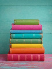 Stack of vintage books with plain covers in bright colors against a wooden turquoise wall and a pink and blue table.