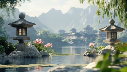 Serene Asian garden scene by a lake. Lush vegetation, stone lanterns, and tranquil water reflect mountains and temples