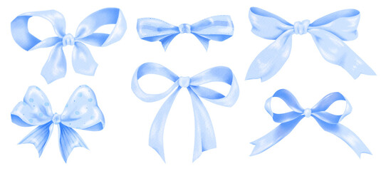 Watercolor blue bow delicate ribbons, hand-painted elegant blue bows on transparent background, for gift decoration, fabric, scrapbooking, banner , card, wrapping paper, baby shower