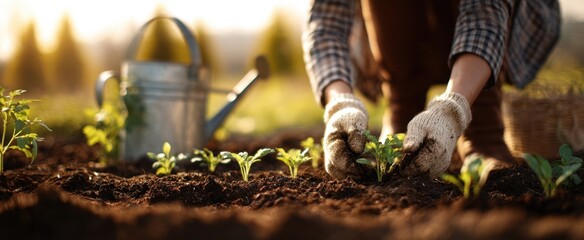 The Gardener Gently Plants Seedlings in Fresh Soil Under a Warm Sun