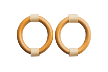Two light brown wooden rings, wrapped with cream colored bands