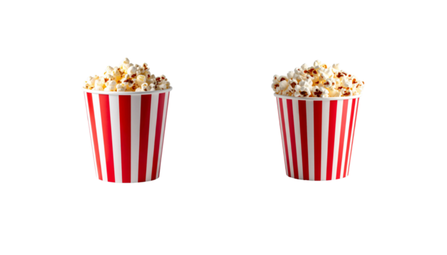 Fresh butter popcorn packed in a red and white striped box isolated on white background