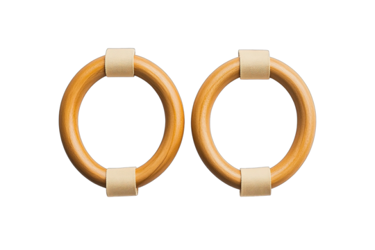 Two light brown wooden rings, wrapped with cream colored bands