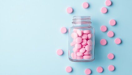 Clear glass jar filled with pale pink pills, scattered around on pale blue surface
