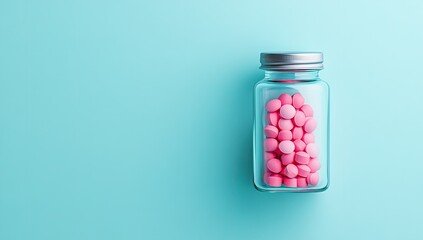 Clear glass jar filled with pink pills on teal background