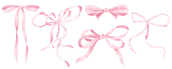 Pink  Bow Illustration. Hand Draw coquette bow pink ribbon, bow knots, bow ties, ribbons, and hair bows for gift wrapping, decorations, fashion, and festive designs. Cute elegant bow