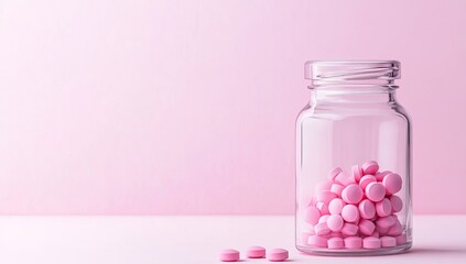 Pink pills in a clear glass jar on a pale pink surface