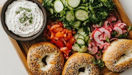 Wooden tray filled with bagels, a creamy dip, and assorted fresh vegetables
