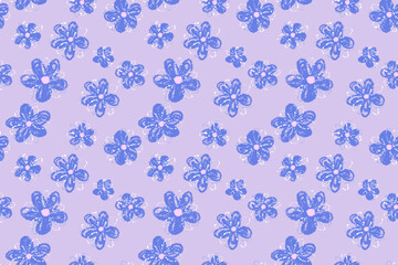 Seamless vector floral pattern with playful blue crayon style flowers on a pastel purple, violet background. Fun, cheerful, and artistic design for kids products, fabrics, and stationery