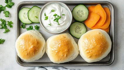 Three round buns, creamy dip, cucumber slices, and carrot pieces arranged on a metal baking sheet
