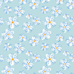 Seamless vector floral pattern with hand drawn white daisies and orange centers on a soft blue background. Playful and fresh design for textiles, kids products, and spring themes