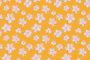 Seamless vector floral pattern with playful pink crayon style flowers on a vibrant yellow background. Fun, cheerful, and artistic design for kids products, fabrics, and stationery