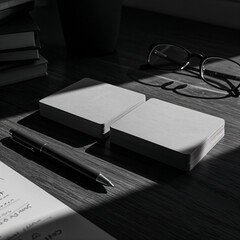 Black and white business cards on dark wooden surface