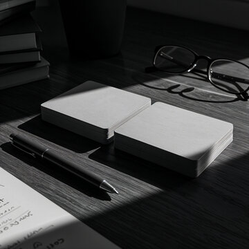 Black and white business cards on dark wooden surface