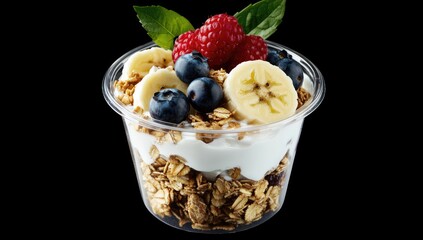 Healthy breakfast parfait in clear plastic cup.  Fresh granola, yogurt, banana slices, raspberries, and blueberries