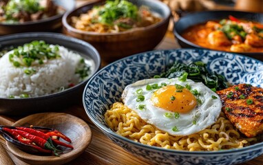 various delicious Malay dishes, including noodles, chicken, and eggs, with a full round white bowl with a batik design in the middle, on top of a wooden table
