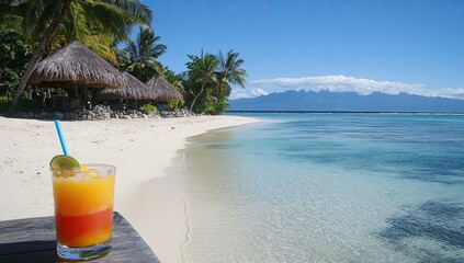 Tropical drink on a beach.  A colorful layered cocktail sits on a wooden table, overlooking a pristine beach and turquoise water.  Palm trees and thatched-roof huts line the shore.