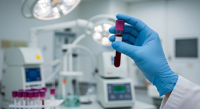 Medical professional in blue gloves holding blood test tube in modern laboratory with surgical lights - healthcare laboratory analysis medical testing