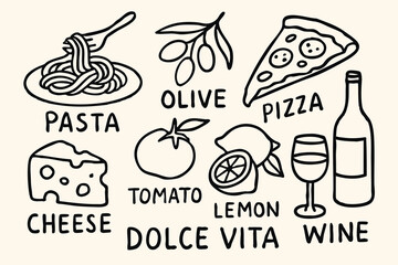 Hand-drawn vector illustration of various Italian dishes, showcasing pasta, pizza, and other traditional foods.