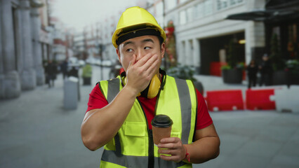 Construction worker yawning outdoors in city street holding coffee wearing hard hat and safety vest.