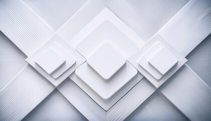 Geometric abstract composition featuring white overlapping layers and rounded rhomb structures in a bright space