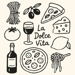 A colorful drawing featuring various Italian dishes and a bottle of wine, showcasing the essence of Italian cuisine.