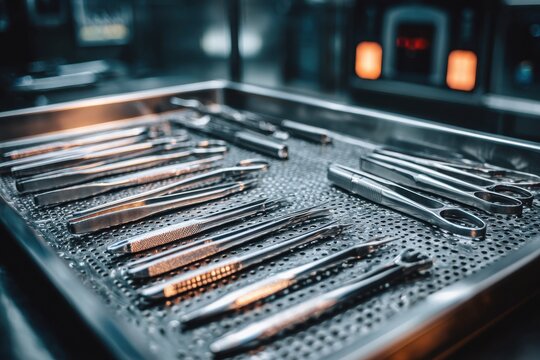 A set of surgical instruments arranged on a metal tray, ready for use in a sterile environment, reflecting cleanliness and precision in a medical setting for surgery.