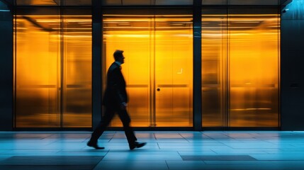 Man in suit walks past gold building doors, motion blur effect. It can be used for business and lifestyle related contents.