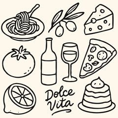 An artistic representation of Italian food, including pasta and cheese, accompanied by a glass of red wine.