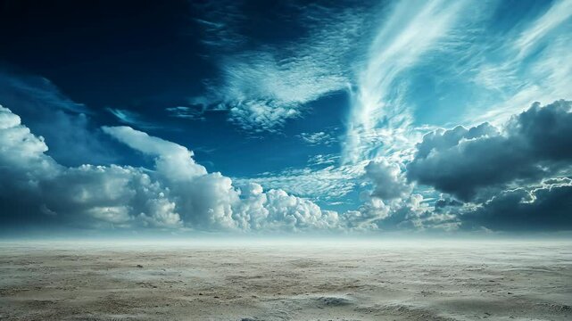 Expansive desert landscape under a dramatic, vibrant sky; clouds fill the frame, creating a sense of vastness and awe