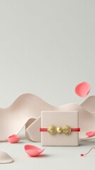 Elegant minimalist jewelry display with red thread and pink petals on cream background