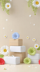 Colorful daisies surrounding natural soap bars with falling petals