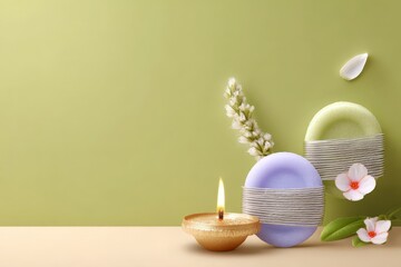 Spa aromatherapy setting with candles, flowers, and soap on green background