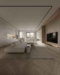 Interior of modern living room with white walls, wooden floor, comfortable white sofa and kitchen with wooden cabinets and bar in the background. 3d rendering