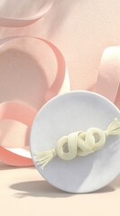 Abstract white plate with knotted pasta and curved pink ribbons in artistic display
