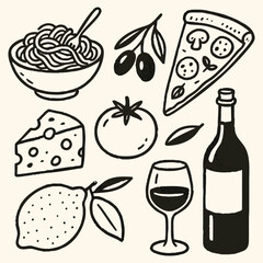 A colorful drawing featuring various Italian dishes and a bottle of wine, showcasing the essence of Italian cuisine.
