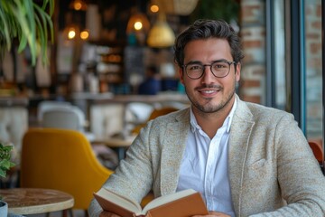 Modern young man reading a book in a cafe, immersing himself in literature while enjoying the relaxed atmosphere of a trendy coffee shop, Generative AI