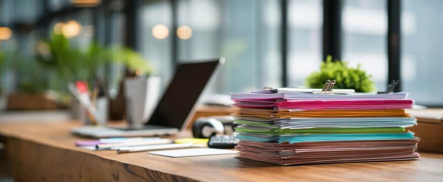The vibrant stack of colorful files on a modern office desk setting. - Powered by Adobe