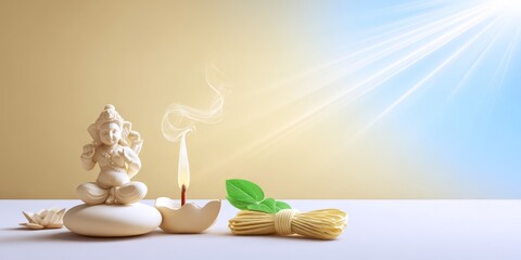 Idyllic spiritual calm: ganesha statue with incense and sunlight rays
