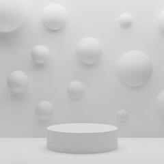 White soft abstract stage background, mockup. One round podium, soft organic relief of spheres on wall. 3D rendering. Calm, tranquil interior for presentation cosmetic, showing products, displaying.