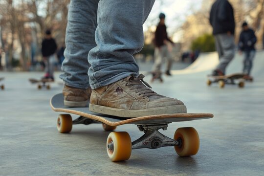 Friends playing with skateboards at the skate park, having a great time practicing tricks and enjoying the energy of the skateboarding culture, Generative AI - Powered by Adobe