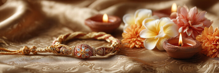 Intricate rakhi and floral arrangement with lit diyas on elegant fabric