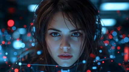 A close-up portrait of a young woman with headphones surrounded by vibrant digital elements, immersed in technology - Powered by Adobe