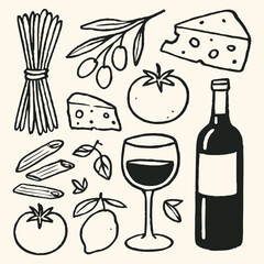 An artistic representation of Italian food, including pasta and cheese, accompanied by a glass of red wine.