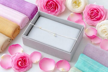 Elegant silver bracelet in gift box surrounded by roses and fabric drapes