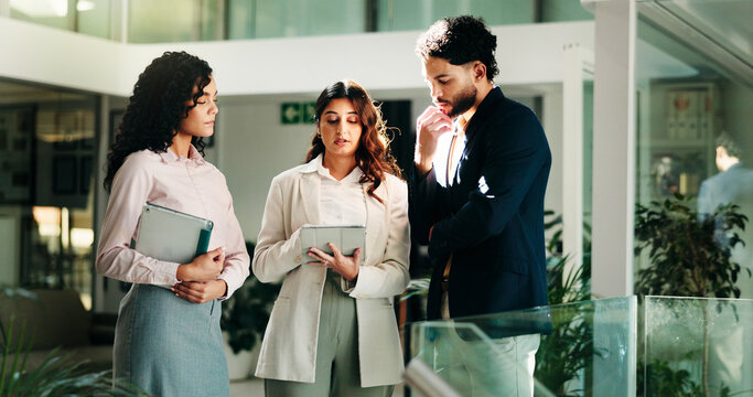 Business people, tablet and group in office, teamwork and conversation with budget report. Employees, collaboration and financial advisors in workplace, tech and digital app for email and feedback