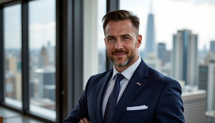 Fototapeta premium a man standing in a professional setting, possibly an office or boardroom. he is dressed in business attire, complete with a suit, shirt, and tie