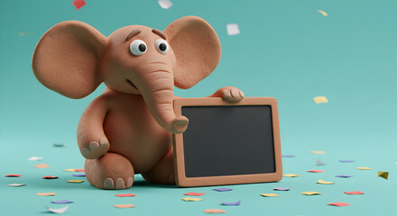 3D Render of a Cute Elephant Holding a Chalkboard with Confetti Background