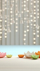 Hanging bells and colorful lotus decor on wooden surface with soft lights