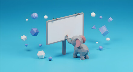 3D Render of an Elephant Interacting with a Billboard on a Blue Background
